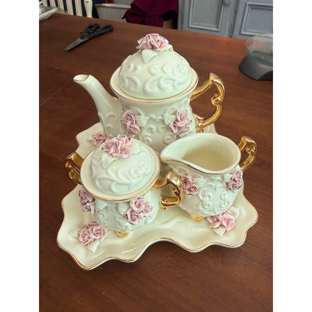 Vintage Porcelain Tea Set Pink 3D Roses Gold Trim Teapot Creamer Sugar Tray